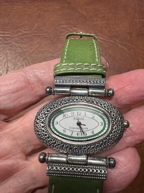 Ecclissi Sterling Silver Ladies Green Leather Band Needs Battery